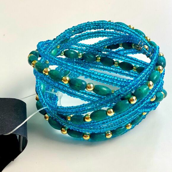 NWT Turquoise Blue Beaded Charles Klein Cuff Bracelet with Gold Bead Accents - Picture 2 of 7